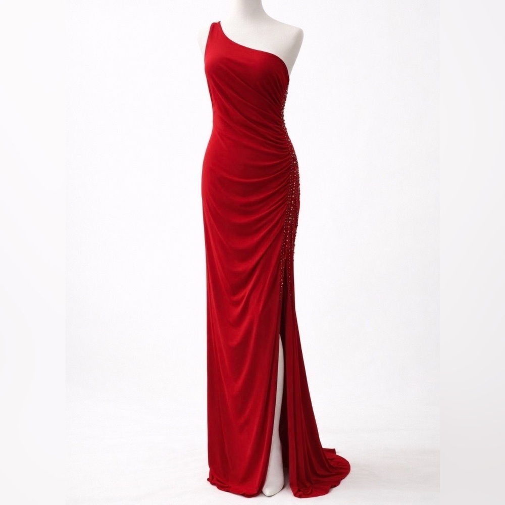Frank Lyman One Shoulder Red Gown | Beaded Side Detail | High Slit | Size 8